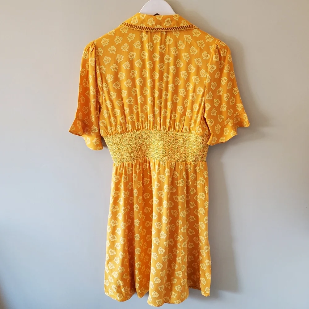 NWT Urban Outfitters S Mustard Yellow Floral Prarie Cottagecore Mini Dress - Picture 8 of 10